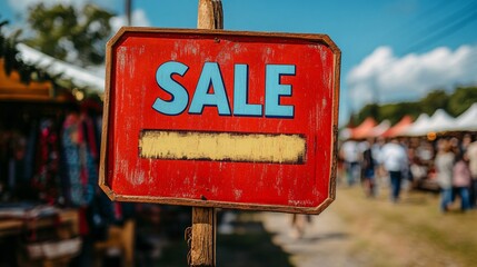 Poster - A bustling outdoor market with festive Christmas decorations and typography SALE banner and people shopping for gifts Stock Photo with side copy space