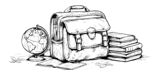 Aufkleber - Drawing in charcoal of a backpack and school supplies Travel Globe Books and Pens for Education Adventure Sketch Art Design Element Hand Drawn Monochrome Artwork