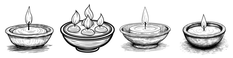Diya lamp with burning flame modern monochrome illustration for festivals and religious celebrations. Happy Deepawali cards.