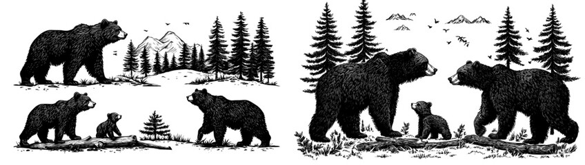 Aufkleber - Illustrations of black and white bears in trees, suitable for nature-themed designs