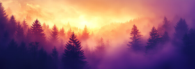 Wall Mural - A dense, misty forest with tall pine trees silhouetted against a colorful sunset.