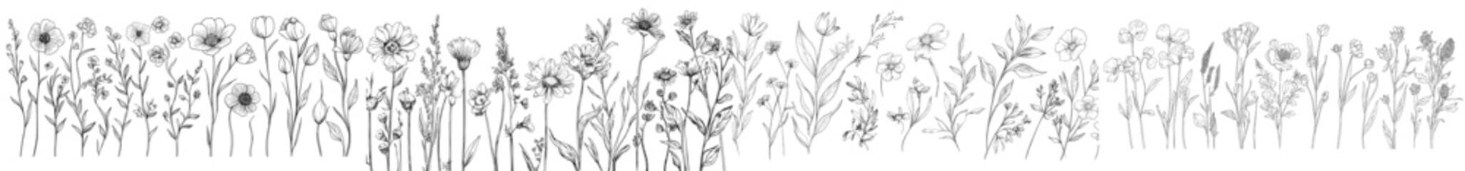 Poster - Various tiny wildflowers and plants line art modern botanical illustrations. Trendy greenery hand drawn sketches. Design for logo, tattoo, wall art, branding and packaging.