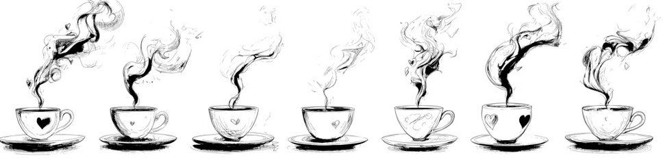 Poster - On a white background, a hot coffee cup of continuously drawn steam with an outline of a heart is shown. Black line sketch.