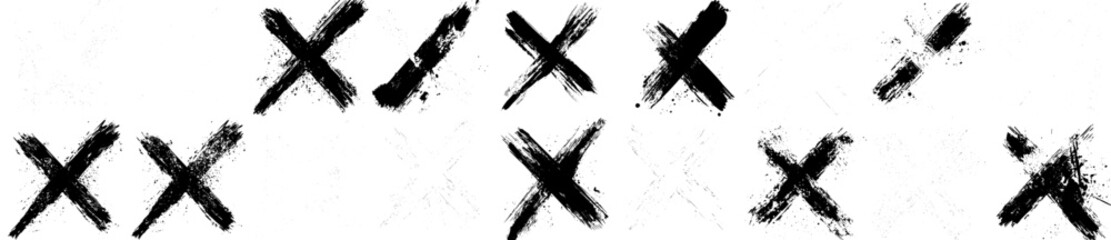 Aufkleber - Set of black cross marks with textured brush strokes. Hand drawn crossed strikethrough lines. Crosshairs symbols. Modern illustration collection.