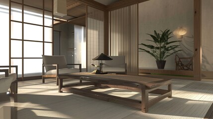 Minimalist, japandi interior design of modern living room - an elegant and serene space. This modern living room showcases a minimalist Japandi interior design, with clean lines and a harmonious blend