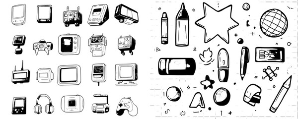 Poster - Modern sketch line art robot future electronic equipment icons set. Vacuum cleaner and cyborg nanorobot, robotic arm doing surgery operation contour illustrations.