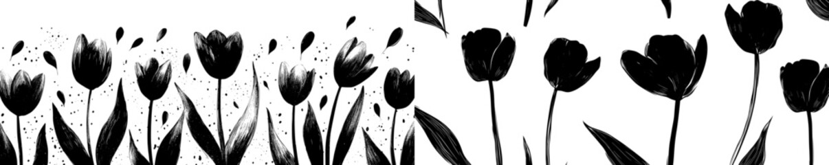 Leinwandbilder - Decorative seamless pattern with tulips, hand drawn in charcoal on a monochrome background. Black and white ink brush texture. Floral vintage seamless pattern.