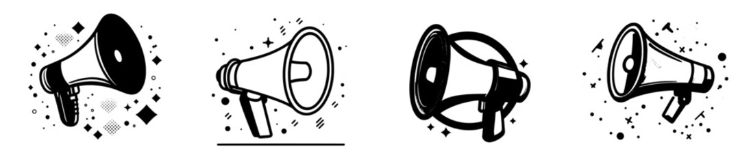Aufkleber - A black outline of a megaphone with three curved lines representing sound. Excellent for marketing campaigns, advertising, and public speaking themes.
