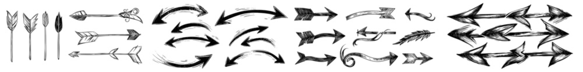 Aufkleber - Icon set of thick, flat arrows with jagged edges, hand-drawn with brush. Ideal for infographics, presentations, social media.