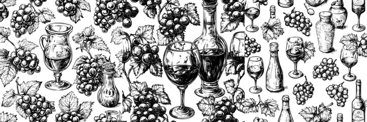 Aufkleber - Ink drawing of a wine jug, a wine glass, and grapes. An illustration drawn by hand on a white background. Perfect for packaging and label design. Banners, T-shirts, etc.