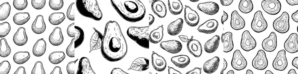 Poster - Avocado seamless pattern. Artwork of ripe avocados with avocado half. Mexican food, cuisine. Illustrated menu illustration.