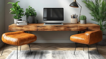 Poster - Minimal and Clean Desk Workstation with Laptop Computer Isolated on White Background. Simple and Elegant Office or Home Workspace Setup.