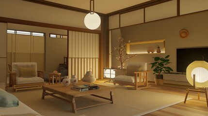 Minimalist, japandi interior design of modern living room - an elegant and serene space. This modern living room showcases a minimalist Japandi interior design, with clean lines and a harmonious blend