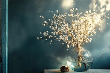 Canvas Print - White Berries in a Glass Vase on a Teal Wall