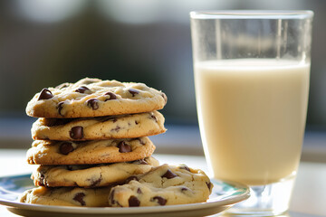 Cookies on a plate with a glass of milk beside them. Generative AI