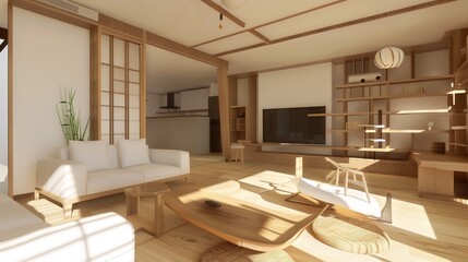 Minimalist, japandi interior design of modern living room - an elegant and serene space. This modern living room showcases a minimalist Japandi interior design, with clean lines and a harmonious blend