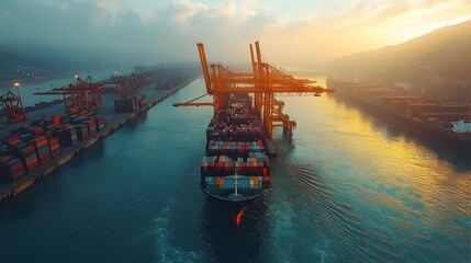 Poster - Sunset over a bustling cargo port,with large container vessels and towering cranes in at a busy international shipping hub.