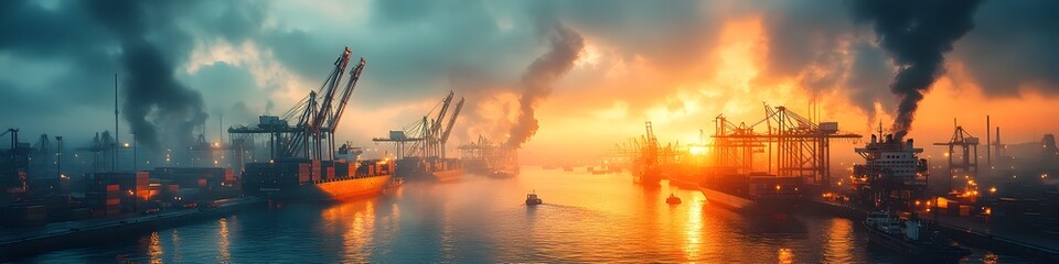 Poster - Sunset over a bustling industrial harbor with container ships,cargo cranes,and warehouses. A panoramic view of the global logistics and transportation network at work.