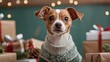 © AnuStudio - Adorable dog in a festive sweater surrounded by Christmas gifts and decorations.