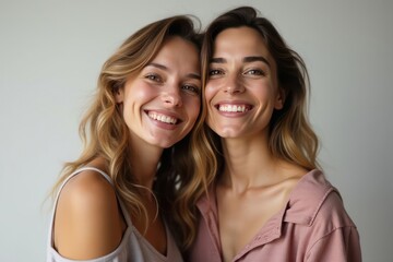 Lesbian happy couple smiles and hugs on a studio background. The concept of same-sex love and tolerance. Lgbtq community, freedom and lgbt people with pride. Generative AI