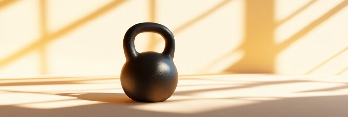 Aufkleber - A simple black kettlebell is positioned on a wooden floor, illuminated by sunlight creating interesting shadows in the background. Generative AI