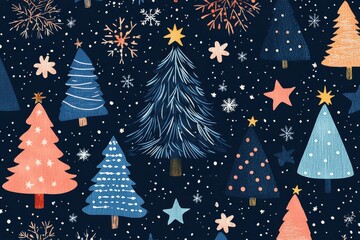 Hand-drawn Christmas tree pattern with colorful stars and snowflakes on a dark background, creating a festive winter atmosphere perfect for holiday decor or seasonal designs.