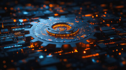 Poster - a close up of a gear with a blue background. the gear is surrounded by a blue and orange glow