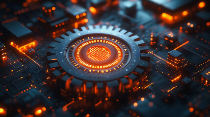 Poster - a close up of a computer chip with a glowing orange center. concept of technology and innovation, wi