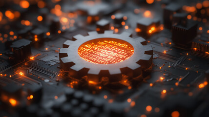 Poster - A computer chip is glowing with a bright orange light. The chip is surrounded by a black background