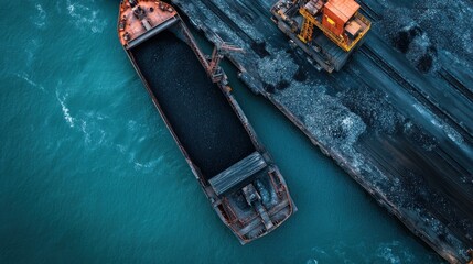 Aerial view of a coal barge at a dock, showcasing industrial transportation and loading.