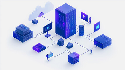 Poster - A computer network diagram with a man in the middle. The man is holding a laptop. The diagram is blue and purple