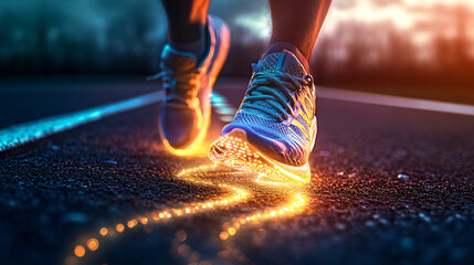 Pair of Running Shoes Glowing with Energy as They Leave Footprints of Light on a Track 