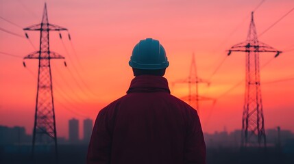 Skilled Technician Carefully Repairing High Voltage Power Lines Amidst the Futuristic Cityscape Sparks and Electric Arcs Illuminating the Urban Landscape