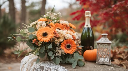 Wall Mural - Autumn or fall romantic wedding still life outdoors in park or garden, decorative pumpkins, bride's bouquet, invitations and champagne glasses, holiday mood, AI generated image