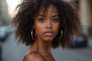 Portrait of a young woman with curly hair and hoop earrings in urban setting