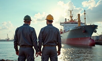 Two men are standing right in front of a large ship that is docked in the water