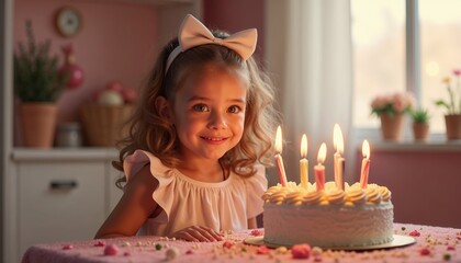 A girl sits at a table with a birthday cake and lit candles