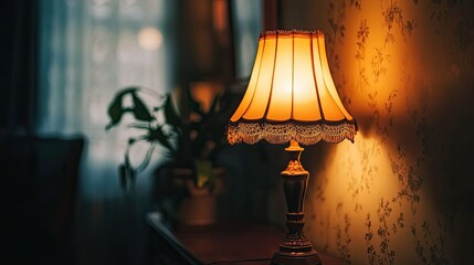 Classic vintage lamp casting a warm glow in a cozy room, no people, ample copy space