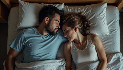 Wall Mural - Above view of upset couple sleeping back to back in bedroom, young couple , 