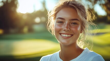 Portrait of a young woman with a radiant smile enjoying a round of golf and posing for the camera