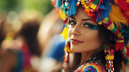 Close up image of a woman dressed in a colorful costume at a festive event