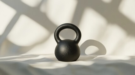 Poster - A black kettlebell sits on a light surface, illuminated by sunlight that creates gentle shadows, adding to the fitness atmosphere. Generative AI