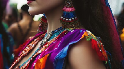 Close up image of a woman dressed in a colorful costume at a festive event