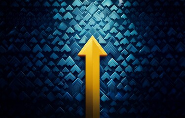 Fototapete - A single bright golden arrow points upwards through a field of blue, arrow-shaped objects.