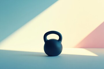 Poster - This black kettlebell is positioned on a flat surface, illuminated by gentle lighting that highlights its features, perfect for fitness routines. Generative AI