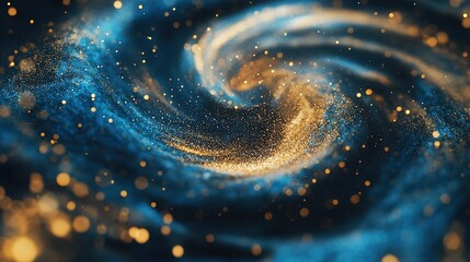 Poster - Blue and gold particle vortex with dynamic swirl and wind blowing effect in motion for artistic background
