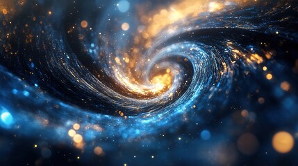Poster - Blue and gold particle vortex with dynamic swirl and wind blowing effect in motion for artistic background
