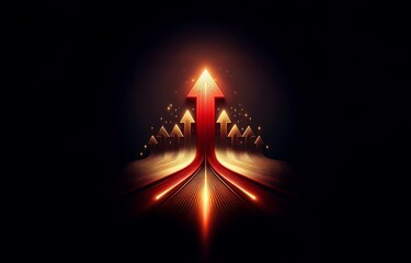 Aufkleber - A glowing red arrow points upward on a dark background, surrounded by smaller golden arrows and a trail of golden lines.