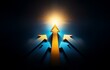 © joeycheung - A shining yellow arrow ascends towards a bright light, surrounded by four blue arrows.