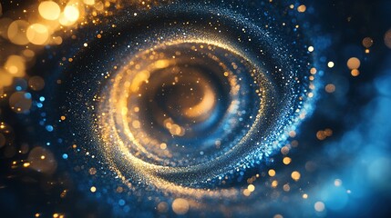 Poster - Blue and gold particle vortex with dynamic swirl and wind blowing effect in motion for artistic background
